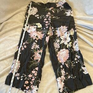 LOFT Olive with Pink Floral Pattern Flowy Pants